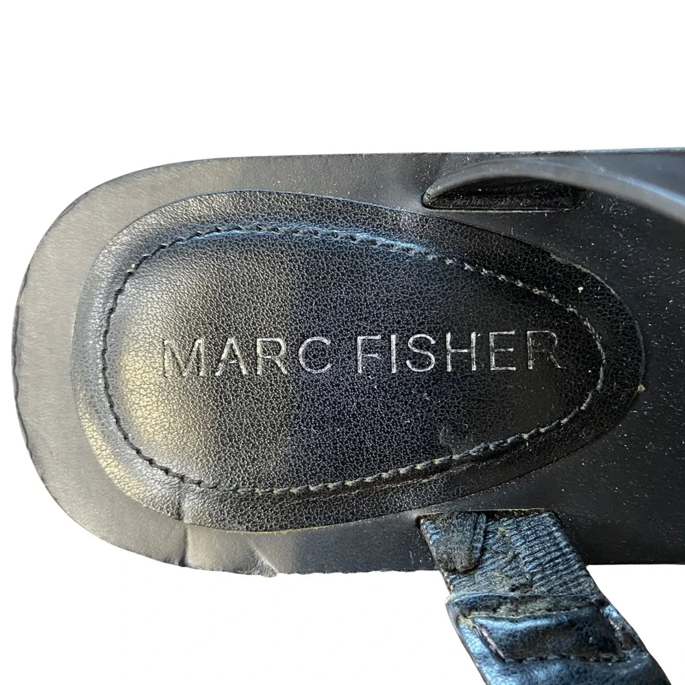 Marc Fisher Black Leather Studded Square Toe Flat Slide Sandals Silver Studs 8M